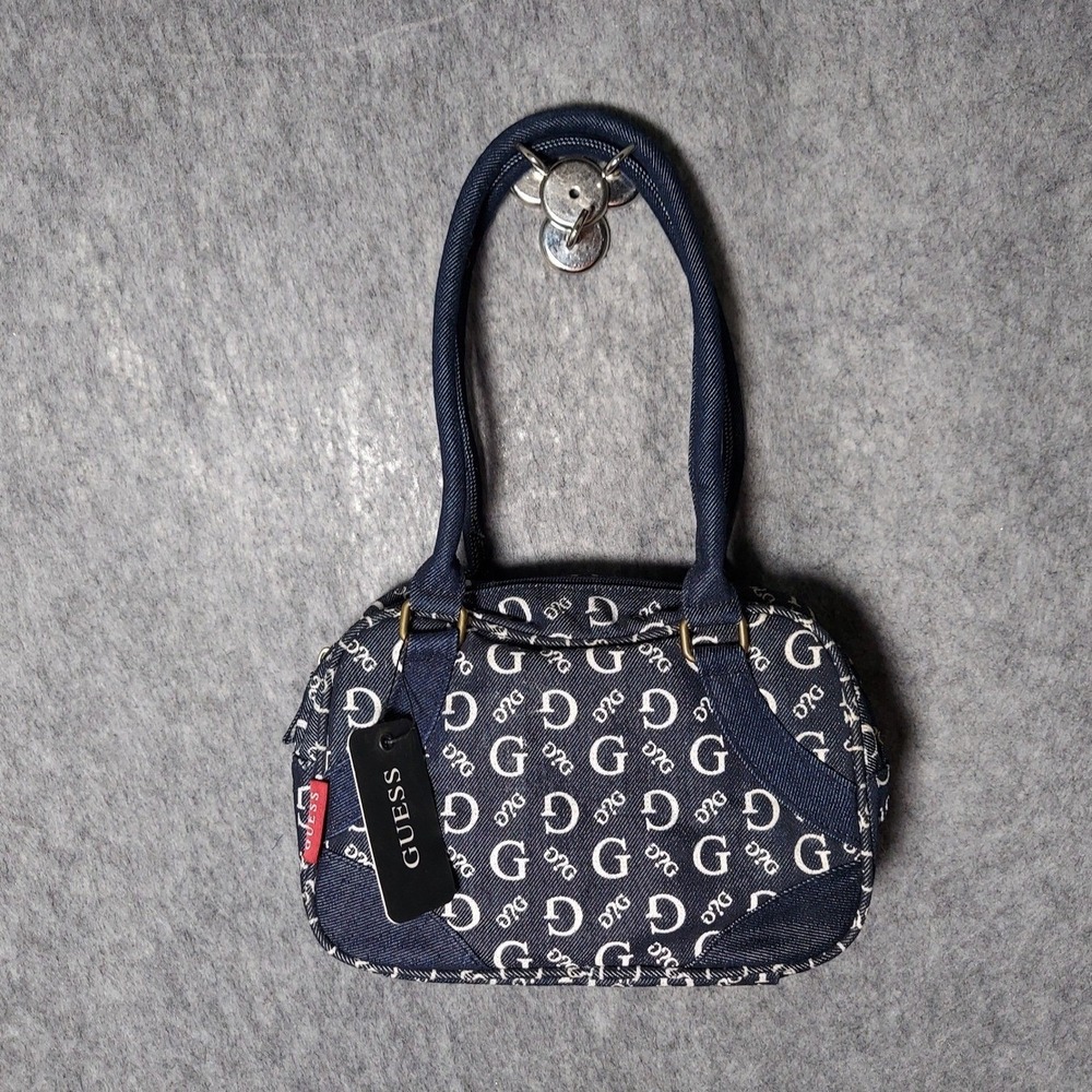 Vintage Y2K GUESS Mini Boston Bag Blue Denim Logo Monogram Barrel Satchel Purse